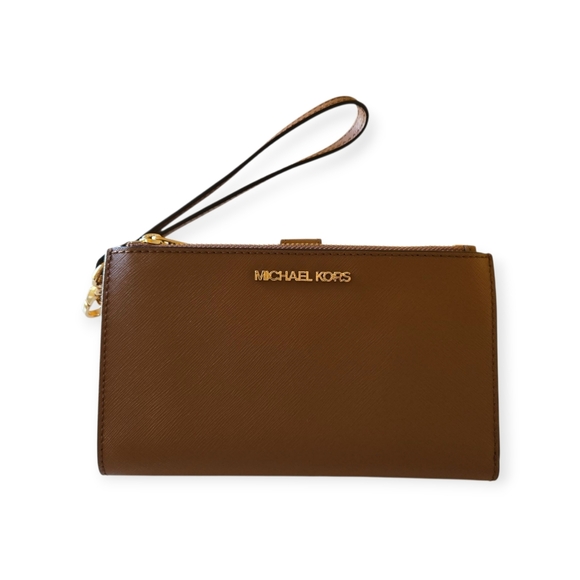 Michael Kors Jet Set Travel Large Double Zip Phone Wallet Wristlet Brown Luggage - Picture 2 of 12